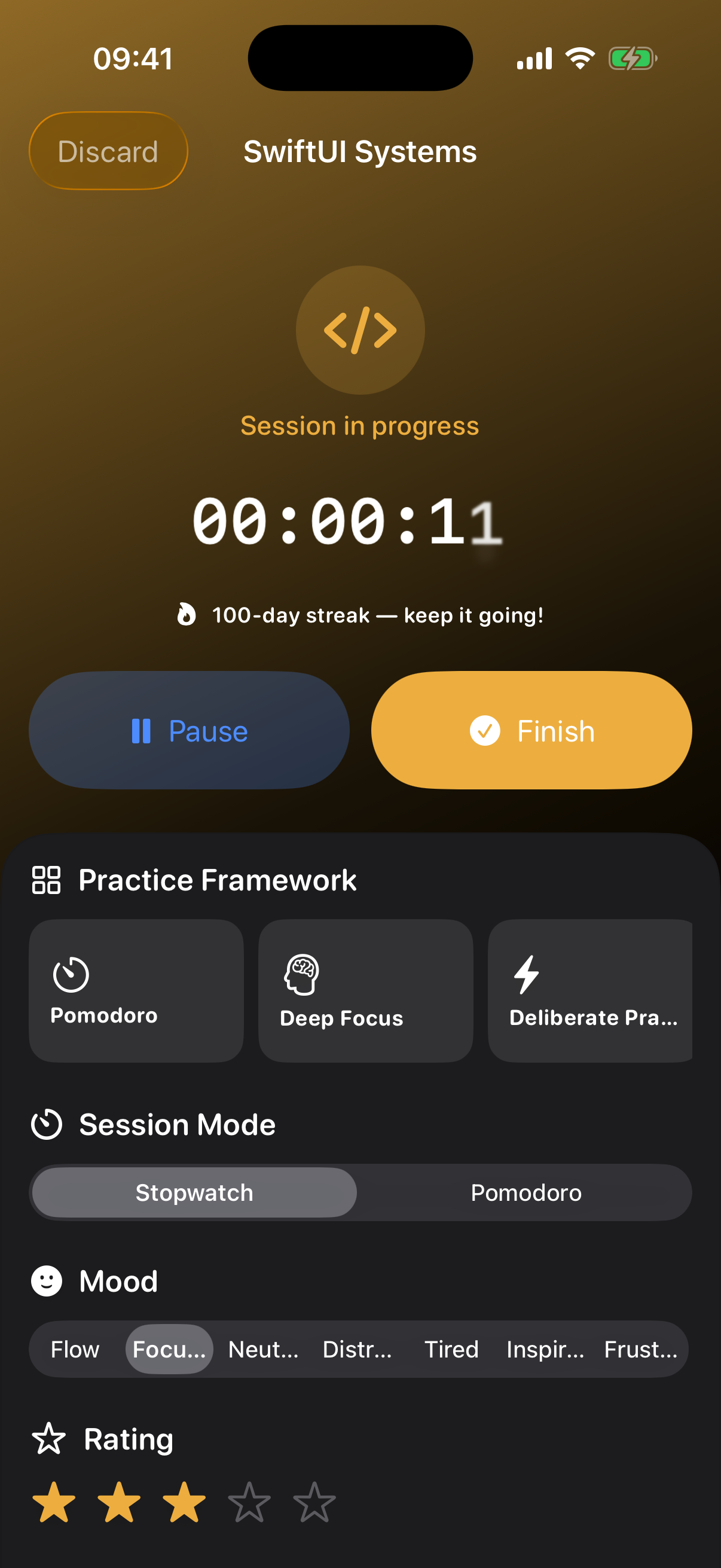 TenKHours active session screen showing breathing ring, large timer, and floating session chips