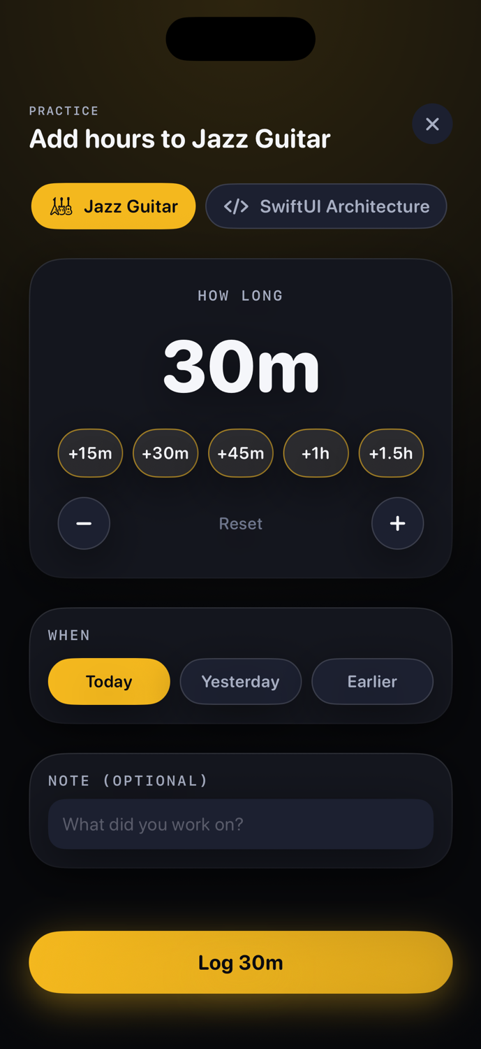 Log practice screen showing quick-add duration chips and backdating