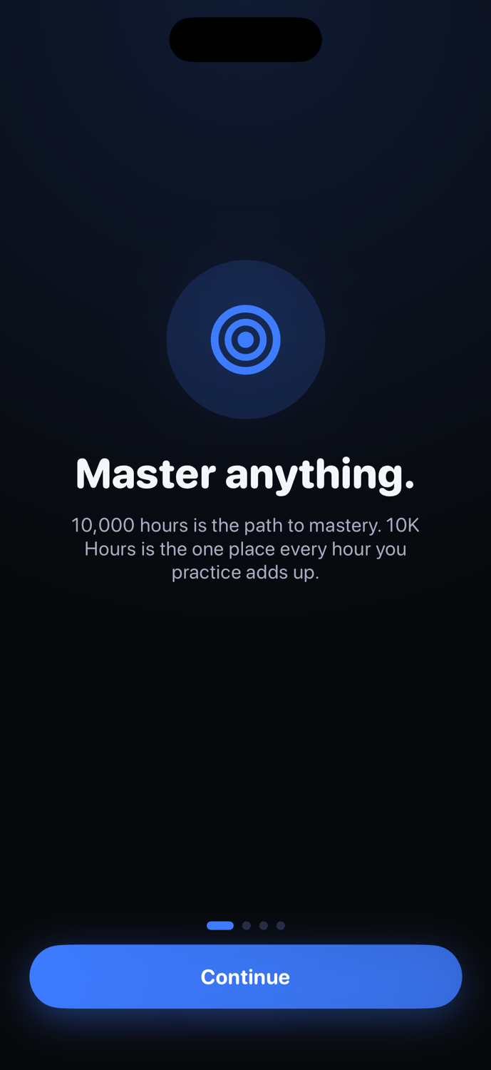 10K Hours onboarding screen — the mastery scoreboard introduction