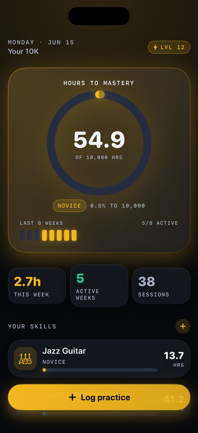 10K Hours Today screen showing mastery scoreboard — total hours, level, skills list with progress bars